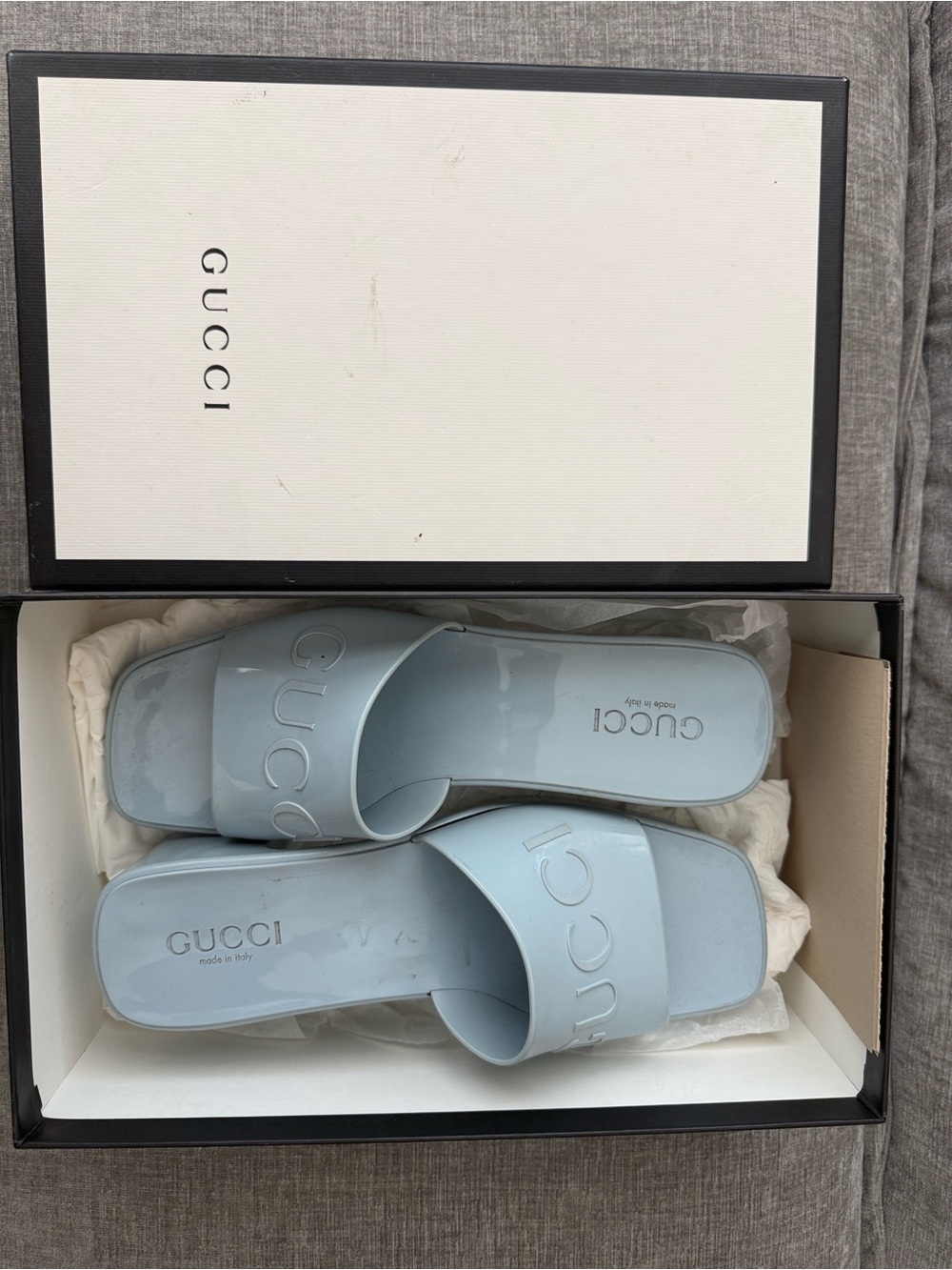 Gucci Light Blue Embossed Logo Slide Sandals